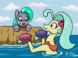 Size: 1024x768 | Tagged: safe, artist:mayorlight, imported from derpibooru, princess skystar, shelldon, shelly, earth pony, seapony (g4), my little pony: the movie, clam, digital art, female, filly, foal, g4, g5, mlp fim's thirteenth anniversary, open mouth, open smile, seashell (g5), smiling