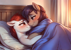 Size: 2176x1536 | Tagged: safe, imported from derpibooru, earth pony, pony, ai content, ai generated, bed, bedroom, blanket, cuddling