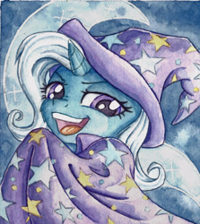 Size: 2189x2453 | Tagged: safe, artist:the-wizard-of-art, imported from derpibooru, trixie, pony, unicorn, clothes, eyebrows, female, g4, hat, high res, horn, looking at you, mare, old art, open mouth, open smile, smiling, smiling at you, solo, traditional art, trixie's hat, watercolor painting, wizard hat