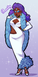 Size: 1184x2369 | Tagged: safe, artist:kutapikakun, imported from derpibooru, rarity, human, alternate hairstyle, boob window, bracelet, choker, clothes, dark skin, dress, ear piercing, earring, evening gloves, eyeshadow, feather boa, female, gloves, high heels, humanized, jewelry, lip bite, lipstick, long gloves, makeup, piercing, ring, shoes, solo