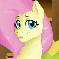 Size: 2048x2048 | Tagged: safe, artist:boneappleteeth, fluttershy, pegasus, pony, always works, bust, dreamworks face, female, fluttershy's cottage, looking at you, mare, smiling, solo