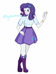 Size: 768x1024 | Tagged: safe, artist:icythetrashcan, imported from derpibooru, rarity, human, equestria girls, belt, boots, clothes, high heel boots, one eye closed, shirt, shoes, simple background, skirt, solo, white background, wink