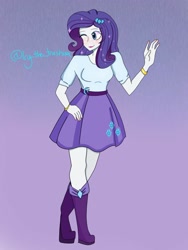 Size: 768x1024 | Tagged: safe, alternate version, artist:icythetrashcan, imported from derpibooru, rarity, human, equestria girls, belt, boots, clothes, gradient background, high heel boots, one eye closed, purple background, shirt, shoes, simple background, skirt, solo, wink