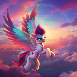 Size: 1650x1650 | Tagged: safe, artist:allegrenix, imported from derpibooru, zipp storm, pegasus, pony, backlighting, cloud, colored eyebrows, colored wings, colored wingtips, crepuscular rays, eyebrows, female, flying, g5, large wings, lighting, mare, multicolored wings, open mouth, scenery, sky, solo, spread wings, wings