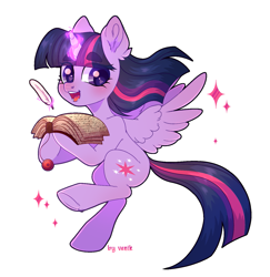 Size: 1377x1418 | Tagged: safe, artist:venik, imported from derpibooru, twilight sparkle, alicorn, pony, book, cute, feather, female, full body, heart, heart eyes, magic, mare, quill, simple background, solo, telekinesis, twiabetes, twilight sparkle (alicorn), white background, wingding eyes