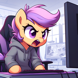 Size: 2048x2048 | Tagged: safe, imported from derpibooru, scootaloo, ai content, ai generated, angry, chair, clothes, generator:dall-e 3, hoodie, keyboard, monitor, office chair, prompter:ponynyanners