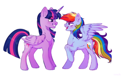 Size: 1926x1217 | Tagged: safe, alternate version, artist:venik, imported from derpibooru, rainbow dash, twilight sparkle, alicorn, pegasus, pony, duo, female, females only, lesbian, mare, ship:twidash, shipping, simple background, twilight sparkle (alicorn), white background