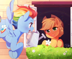 Size: 2048x1700 | Tagged: safe, artist:applesartt, imported from derpibooru, applejack, rainbow dash, earth pony, pegasus, pony, applejack's hat, colored eyebrows, cowboy hat, duo, duo female, eyebrows, female, flower, flying, freckles, g4, hat, lesbian, looking at each other, looking at someone, mare, mouth hold, ship:appledash, shipping, signature, smiling, spread wings, underhoof, watering can, wings