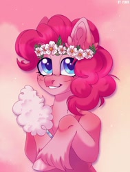 Size: 890x1176 | Tagged: safe, artist:venik, imported from derpibooru, pinkie pie, earth pony, pony, abstract background, cotton candy, cute, diapinkes, female, floral head wreath, flower, mare, pink background, simple background, solo, unshorn fetlocks