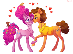 Size: 1427x1062 | Tagged: safe, artist:venik, imported from derpibooru, cheese sandwich, pinkie pie, earth pony, pony, duo, female, heart, heart eyes, holding hooves, male, mare, older, older pinkie pie, ship:cheesepie, shipping, simple background, stallion, straight, white background, wingding eyes