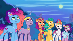 Size: 3072x1727 | Tagged: safe, imported from derpibooru, screencap, hitch trailblazer, izzy moonbow, pipp petals, sunny starscout, zipp storm, dragon, earth pony, pegasus, pony, unicorn, spoiler:g5, spoiler:my little pony: tell your tale, spoiler:tyts01e62, :o, applejack (g5), baby, baby dragon, female, fluttershy (g5), g5, lavarynth, male, mane five, mane six (g5), mare, misty brightdawn, my little pony: tell your tale, night, open mouth, open smile, pinkie pie (g5), rainbow dash (g5), rarity (g5), rebirth misty, royal sisters (g5), siblings, sisters, smiling, sparky sparkeroni, stallion, twilight sparkle (g5)