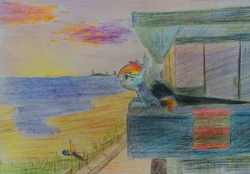 Size: 3681x2559 | Tagged: safe, artist:dhm, editor:maonyman, imported from derpibooru, rainbow dash, pegasus, pony, balcony, beach, colored pencil drawing, comfy, female, mare, smiling, sunset, traditional art