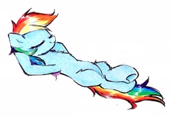 Size: 2498x1695 | Tagged: safe, artist:liaaqila, imported from derpibooru, rainbow dash, pony, eyes closed, female, lying down, mare, missing cutie mark, on back, simple background, smiling, solo, traditional art, white background, wingless