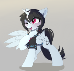 Size: 2888x2751 | Tagged: safe, artist:magnaluna, imported from derpibooru, oc, oc only, alicorn, pony, alicorn oc, blushing, clothes, eye clipping through hair, eyebrows, eyebrows visible through hair, female, gradient background, high res, horn, mare, one eye closed, one wing out, open mouth, open smile, raised hoof, shirt, smiling, wings, wink