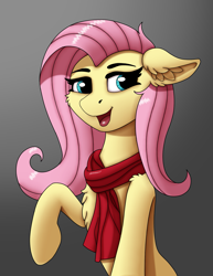 Size: 1467x1900 | Tagged: safe, artist:fess, artist:fess17, imported from derpibooru, fluttershy, pegasus, pony, cheek fluff, chest fluff, clothes, ear fluff, female, floppy ears, g4, gradient background, looking at you, mare, open mouth, open smile, raised hoof, scarf, shoulder fluff, smiling, smiling at you, solo, wingless