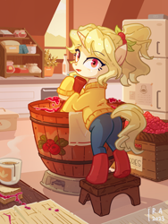 Size: 2250x3000 | Tagged: safe, artist:raineve, derpibooru exclusive, imported from derpibooru, oc, oc only, pony, unicorn, barrel, boots, butt, clothes, cup, denim, female, food, jam, jeans, mare, pants, plot, refrigerator, sandwich, shoes, solo, stool, strawberry, sweater, tea, teacup, towel