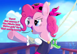 Size: 1754x1240 | Tagged: safe, artist:ace play, imported from derpibooru, gummy, pinkie pie, alligator, earth pony, pony, bandana, bipedal, clothes, dialogue, duo, ear piercing, earring, female, jewelry, mare, ocean, piercing, pirate, pirate pinkie pie, pointing, underhoof, water