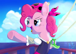 Size: 1754x1240 | Tagged: safe, alternate version, artist:ace play, imported from derpibooru, gummy, pinkie pie, alligator, earth pony, pony, bandana, bipedal, clothes, duo, ear piercing, earring, female, jewelry, mare, ocean, piercing, pirate, pirate pinkie pie, pointing, underhoof, water