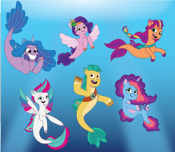 Size: 3461x3000 | Tagged: safe, artist:prixy05, imported from derpibooru, hitch trailblazer, izzy moonbow, pipp petals, sunny starscout, zipp storm, earth pony, pegasus, pony, seapony (g4), unicorn, applejack (g5), blue background, crepuscular rays, dorsal fin, female, fin, fin wings, fins, fish tail, flowing mane, flowing tail, fluttershy (g5), g5, grin, happy, male, mane five, mane six (g5), mane stripe sunny, mare, misty brightdawn, my little pony: tell your tale, ocean, open mouth, open smile, pinkie pie (g5), rainbow dash (g5), rarity (g5), rebirth misty, seaponified, seapony hitch trailblazer, seapony izzy moonbow, seapony misty brightdawn, seapony pipp petals, seapony sunny starscout, seapony zipp storm, simple background, smiling, species swap, spread wings, stallion, sunlight, swimming, tail, teeth, twilight sparkle (g5), underwater, unshorn fetlocks, water, wings