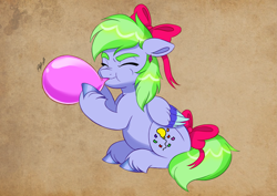 Size: 4961x3508 | Tagged: safe, artist:artharuhi, imported from derpibooru, oc, oc:fancy confetti, pegasus, pony, balloon, blowing up balloons, bow, chubby, commissioner:puffydearlysmith, cute, eyes closed, female, floppy ears, g5, hair bow, inflating, mare, tail, tail bow