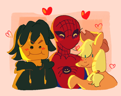 Size: 792x626 | Tagged: safe, artist:girl-bug 925, imported from derpibooru, applejack, earth pony, human, pony, spider, blush lines, blushing, cole bucket (ninjago), crossover, crossover shipping, female, heart, lego, male, mare, marvel, shipping, spider-man, trio
