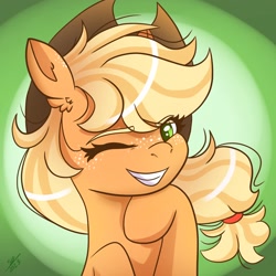 Size: 2048x2048 | Tagged: safe, artist:galaxy swirl, imported from derpibooru, applejack, earth pony, pony, applejack's hat, bust, cowboy hat, ear freckles, eye clipping through hair, female, freckles, grin, hat, hoof under chin, looking at you, mare, one eye closed, portrait, smiling, solo, wink, winking at you
