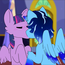 Size: 899x900 | Tagged: artist needed, source needed, safe, imported from derpibooru, twilight sparkle, oc, oc:blue thunder, alicorn, kiss on the lips, kissing, thundersparkle, twilight sparkle (alicorn)