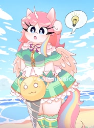 Size: 1466x1988 | Tagged: safe, artist:leo19969525, imported from derpibooru, oc, oc:nekonin, alicorn, anthro, arm hooves, beach, clothes, crossdressing, crossover, dress, drill, femboy, lightbulb, male, trickster online