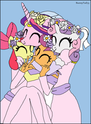 Size: 1280x1737 | Tagged: safe, artist:bunnytail73, imported from derpibooru, apple bloom, princess cadance, scootaloo, sweetie belle, anthro, a canterlot wedding, ^^, apple bloom's bow, bow, bride, clothes, cute, cutie mark crusaders, daaaaaaaaaaaw, dress, eyes closed, flower filly, flower girl, flower girl dress, group hug, hair bow, hug, poofy shoulders, smiling, wedding veil