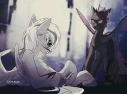 Size: 3762x2788 | Tagged: safe, artist:teturirusu, imported from derpibooru, oc, oc only, oc:silver edge, changeling, pegasus, pony, blood, changeling oc, commission, grey hair, grey skin, looking at each other, looking at someone, lying down, purple changeling, ych result