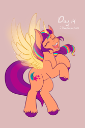 Size: 1365x2048 | Tagged: safe, artist:mscolorsplash, imported from derpibooru, sunny starscout, alicorn, earth pony, pony, eyes closed, female, g5, mare, open mouth, open smile, ponytober, race swap, rearing, red background, simple background, smiling, solo, sunnycorn