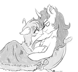 Size: 2674x2482 | Tagged: safe, artist:juniverse, imported from derpibooru, oc, oc:locura, oc:valentine heartscar, bat pony, unicorn, bat pony oc, bat wings, commission, couple, cuddling, gay, grayscale, horn, in love, male, monochrome, oc x oc, shipping, simple background, sketch, unicorn oc, white background, wings