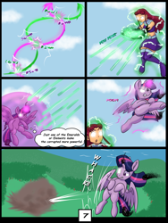 Size: 6000x8000 | Tagged: safe, artist:chedx, imported from derpibooru, twilight sparkle, alicorn, comic:learning with pibby glitch battles, comic, commission, community related, corrupted, crossover, dc comics, fight, laser, multiverse, starfire, teen titans, teleportation, twilight sparkle (alicorn)