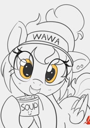 Size: 848x1200 | Tagged: safe, artist:pabbley, imported from derpibooru, oc, oc only, oc:wah wah, pegasus, pony, eye clipping through hair, female, food, gray background, grayscale, hoof hold, looking at you, mare, monochrome, open mouth, open smile, partial color, simple background, smiling, smiling at you, solo, soup, wawa