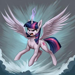 Size: 1024x1024 | Tagged: safe, imported from derpibooru, twilight sparkle, alicorn, ai content, ai generated, angry, collarbone, female, magic, solo, spread wings, twilight sparkle (alicorn), wings