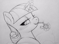 Size: 4096x3072 | Tagged: safe, artist:public mistake, imported from derpibooru, twilight velvet, pony, unicorn, bedroom eyes, blush lines, blushing, cigarette, female, glowing, glowing horn, grayscale, grin, horn, levitation, lighter, looking back, magic, mare, monochrome, pencil drawing, smiling, smoking, solo, telekinesis, traditional art, wip