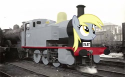 Size: 1747x1080 | Tagged: safe, artist:lyrafan01, edit, imported from derpibooru, derpy hooves, object pony, original species, train pony, bad edit, inanimate tf, ponified, train, trainified, transformation