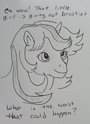 Size: 1509x2089 | Tagged: safe, artist:pony quarantine, imported from derpibooru, pony, unicorn, bust, dialogue, female, g1, grayscale, looking up, mare, monochrome, smiling, solo, traditional art