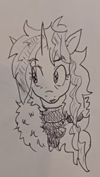 Size: 932x1638 | Tagged: safe, artist:pony quarantine, imported from derpibooru, oc, oc only, oc:okie dokey loki, pony, unicorn, bust, eye clipping through hair, eyebrows, eyebrows visible through hair, female, grayscale, looking offscreen, magical lesbian spawn, mare, monochrome, offspring, older, parent:oc:dyx, parent:oc:filly anon, parents:oc x oc, solo, traditional art, unusual pupils