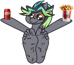 Size: 2835x2480 | Tagged: safe, artist:threetwotwo32232, imported from derpibooru, oc, oc only, oc:cool time, pegasus, ants, chips, dr pepper, feet, female, food, kfc, mare, simple background, solo, transparent background