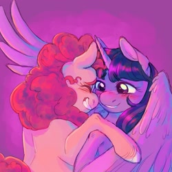 Size: 1700x1700 | Tagged: safe, artist:abbytabbys, imported from derpibooru, pinkie pie, twilight sparkle, alicorn, earth pony, pony, blushing, cuddling, eyes closed, female, grin, happy, lesbian, shipping, smiling, twilight sparkle (alicorn), twinkie