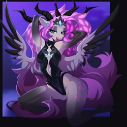 Size: 1933x1933 | Tagged: safe, artist:dodsie, imported from derpibooru, fluttershy, anthro, dryad, pegasus, unguligrade anthro, arm behind head, armpits, bedroom eyes, breasts, female, looking at you, mare, smiling, smiling at you, solo, spread wings, wings