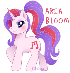 Size: 1414x1478 | Tagged: safe, artist:serasugee, imported from derpibooru, oc, pony, unicorn, eyeshadow, long hair, makeup, music notes, pink fur, ponytail, simple background, smug, solo, white background