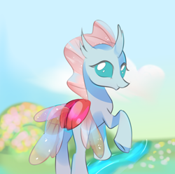 Size: 1936x1923 | Tagged: safe, imported from derpibooru, ocellus, changeling, cloud, drifting, female, graceful, river, sky, spring, stream, water