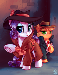 Size: 2550x3300 | Tagged: safe, artist:diamonddusted, artist:whitediamonds, imported from derpibooru, applejack, rarity, earth pony, pony, unicorn, applejack's hat, clothes, coat, commission, cowboy hat, detective rarity, duo, duo female, fedora, female, flask, freckles, frog (hoof), g4, hat, high res, hoof hold, mare, necktie, open mouth, raised hoof, shadow spade, signature, trenchcoat, underhoof