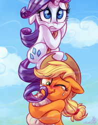 Size: 3300x4200 | Tagged: safe, artist:diamonddusted, artist:whitediamonds, imported from derpibooru, applejack, rarity, earth pony, pony, unicorn, applejack's hat, blushing, cowboy hat, crying, duo, duo female, eyebrows, eyebrows visible through hair, female, floppy ears, freckles, g4, gritted teeth, hat, high res, horn, lesbian, mare, one eye closed, pre sneeze, rarijack daily, rope, ship:rarijack, shipping, signature, tail, teeth, tickling, wavy mouth