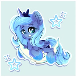 Size: 1284x1284 | Tagged: safe, artist:_fairy_g_pony, imported from derpibooru, princess luna, pony, crescent moon, ear fluff, eyebrows, eyebrows visible through hair, female, filly, grin, lidded eyes, looking at you, moon, smiling, solo, stars, tangible heavenly object, woona, younger