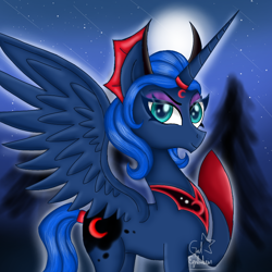 Size: 900x900 | Tagged: safe, artist:hyp3rsp4c3, idw, imported from derpibooru, princess luna, alicorn, pony, reflections, spoiler:comic, blue eyes, blue mane, blue tail, crepuscular rays, digital art, ethereal mane, ethereal tail, evil counterpart, evil luna, eyelashes, eyeshadow, feather, female, forest, g4, hoof shoes, horn, looking at you, makeup, mare, mirror universe, moon, moonlight, night, peytral, raised hoof, signature, smiling, smiling at you, solo, spread wings, stars, tail, tree, wings