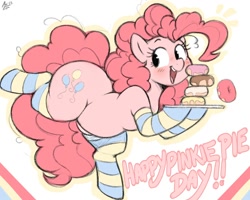 Size: 2000x1600 | Tagged: safe, artist:aer0 zer0, imported from twibooru, pinkie pie, earth pony, pony, clothes, cutie mark, donut, female, food, image, looking sideways, needs more jpeg, pinkie pie's birthday, plate, simple background, socks, solo, striped socks