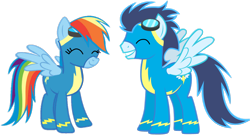 Size: 1700x916 | Tagged: artist needed, safe, imported from derpibooru, rainbow dash, soarin', pegasus, pony, clothes, female, male, mare, ship:soarindash, shipping, simple background, stallion, straight, transparent background, uniform, wonderbolts, wonderbolts uniform